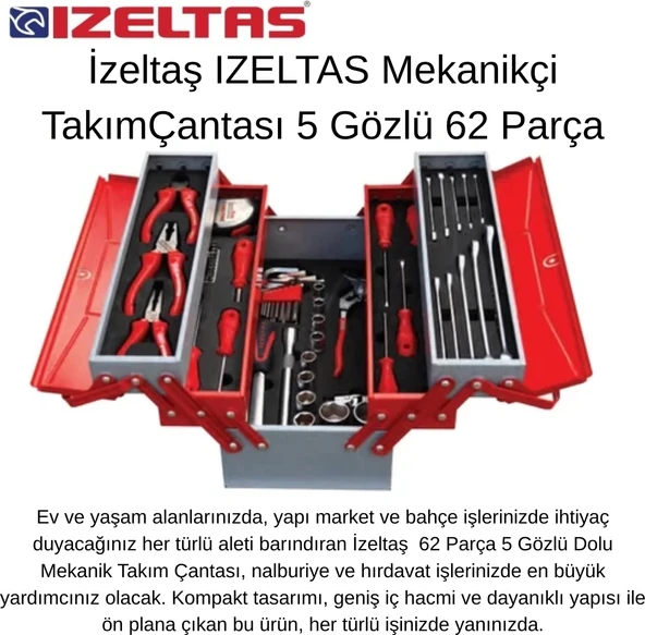 İzeltaş Izeltaş Mekanikçi Takım Çantası 5 Gözlü 62 Parça + Izeltaş Dal Budama Testeresi Hediye ürün görseli 1
