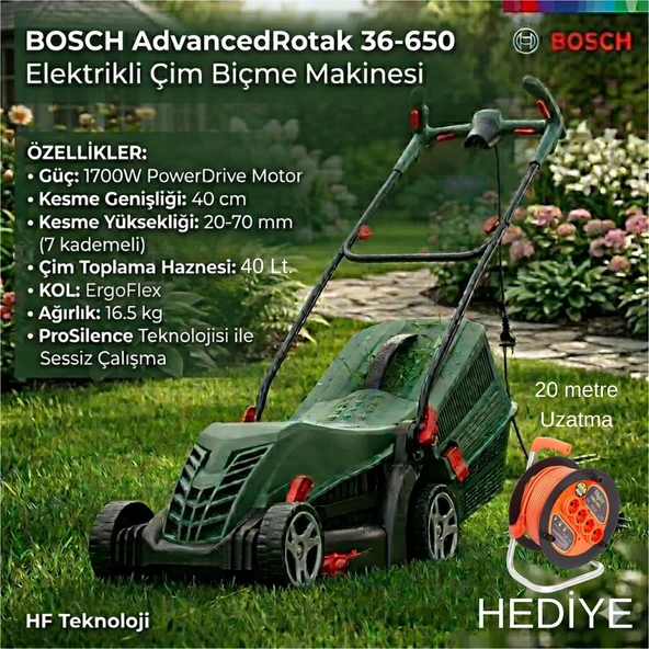 Bosch Elektrikli Çim Biçme Makinesi Universal Rotak 34 + 20 Metre Uzatma Kablosu Hediye ürün görseli 1