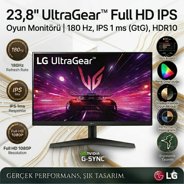 Lg Ultragear 23.8'' 180Hz 1ms ,HDR10 ,full Hd IPS Gaming Monitör + Pc/laptop Için Display Port Monitör Kablosu, 8k/4k ,hediye ürün görseli 1
