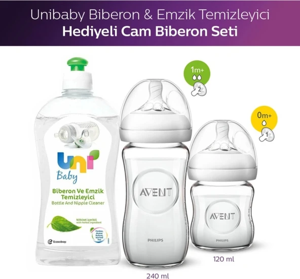 Philips Avent Natural 120 ml + 240 ml Cam Biberon + Biberon Temizleyici 500 ml Hediye ürün görseli 1