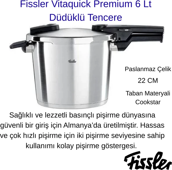 Fissler Vitaquick Premium 6 Lt Düdüklü Tencere + Fissler Buharda Pişirme Aparatı 22CM Hediye ürün görseli 1