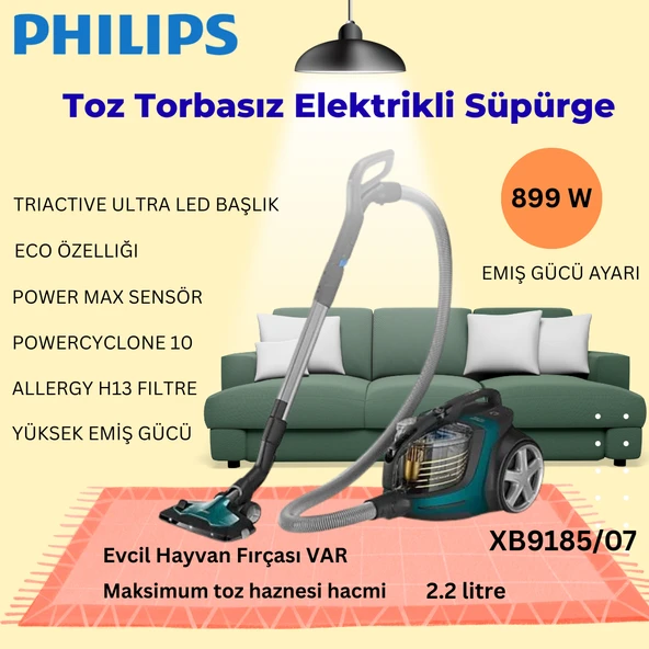 Philips Marathon Ultimate Toz Torbasız Elektrikli Süpürge, 899W, Powercyclone 10, Triactive Ultra LED Başlık, Power Max Sensör, XB9185/07 ürün görseli 1