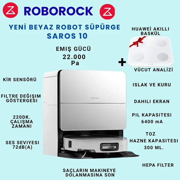 Roborock Saros 10 Akıllı Robot Süpürge + Huawei Vücut Analiz Akıllı Baskül Hediye ürün görseli 1