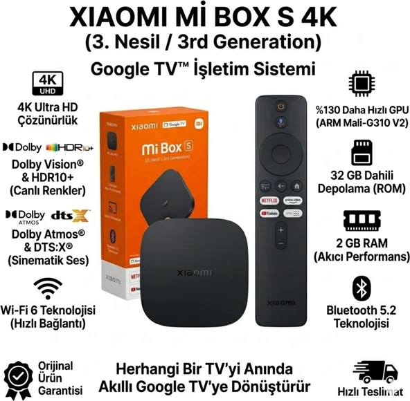 Xiaomi Mi Box S 4K Android 2 GB Ram 32 GB Depolama 3. Nesil Tv Box ürün görseli 1