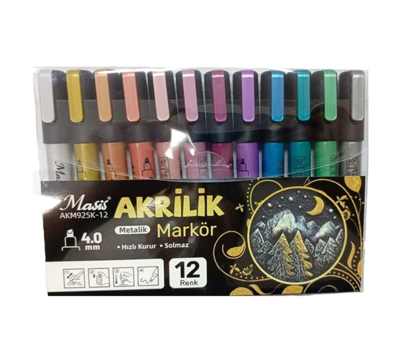 Masis Akrilik Markör Kalem Metalik 12 Renk Pvc Paket Akm925K-12 ürün görseli 1