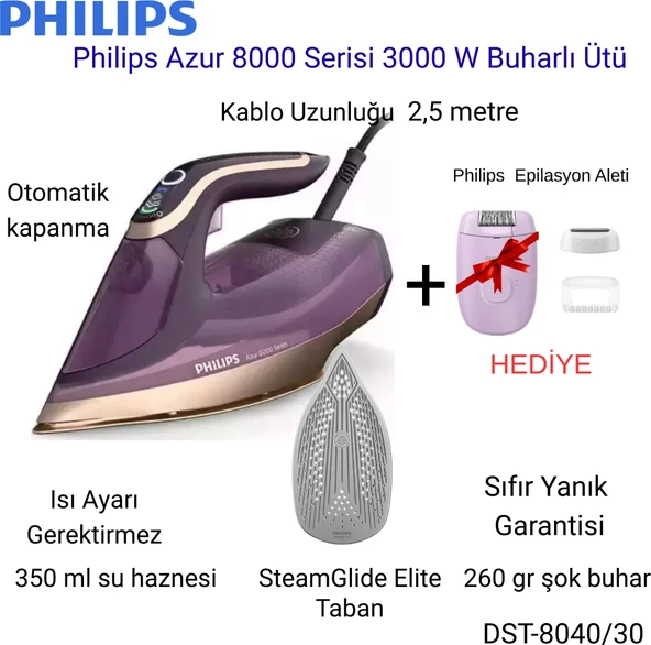 Philips Azur 8000 Serisi DST8040/30 3000 W Buharlı Ütü+ Philips Epilasyon Aleti Hediye ürün görseli 1