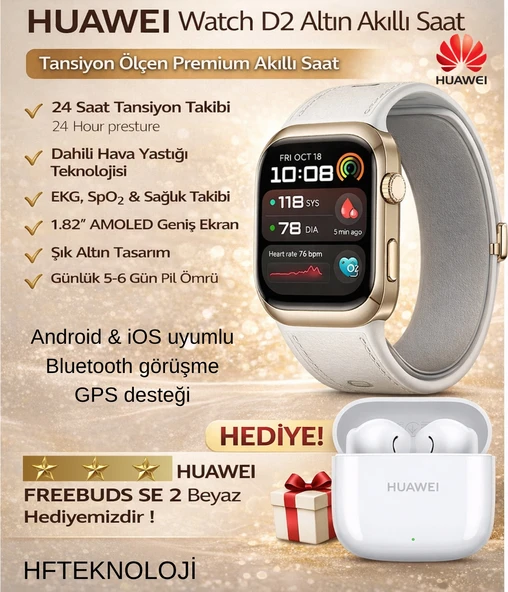 Huawei Watch D2 Altın Beyazı + Huawei Freebuds Se 2  Beyaz Kulaklık Hediye ürün görseli 1