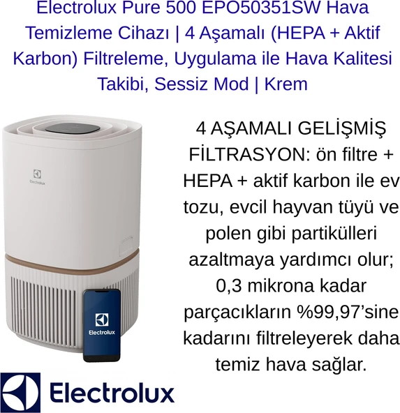 Electrolux Odayı 10 Dakikada Temizleyen,4 Aşamalı (Hepa + Aktif Karbon) Filtreleme Sessiz Mod ,pure 500 Hava Temizleme Cihazı  Krem Renk ürün görseli 1