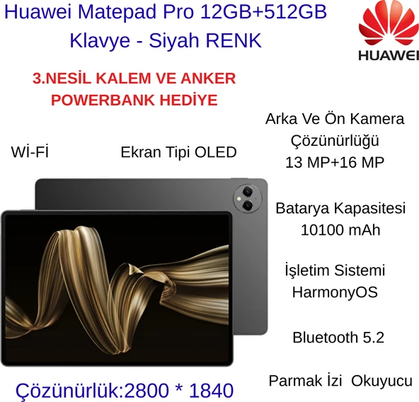 Huawei Matepad Pro 12 GB Ram  512 GB Depolama Alanı 12.2" Ekran Boyutlu Tablet+Klavye+ Anker Powerbank,3.nesil Huvayi Kalem Hediye ürün görseli 1