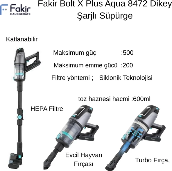 Fakir Bolt x Plus Aqua 8472 Dikey Şarjlı Süpürge + Aprilla Şarjlı Araş Süpürgesi Hediye ürün görseli 1