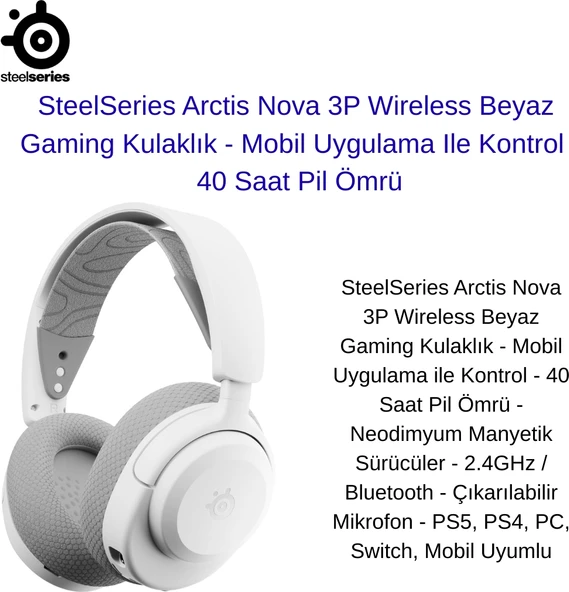 Steelseries Arctis Nova 3x Beyaz-Gri Kablosuz Kulak Üstü Oyuncu Kulaklığı + Oyuncu Mouse Hediye ürün görseli 1