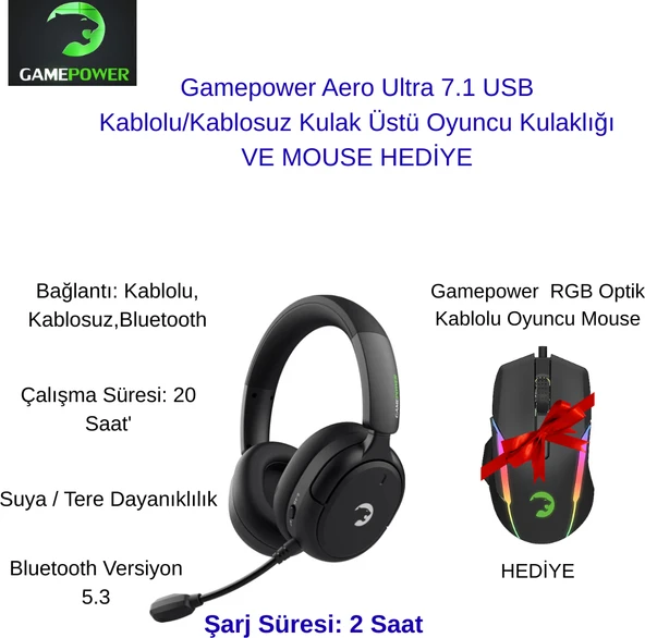 Gamepower Aero Ultra 7.1 USB Kablolu/kablosuz Kulak Üstü Oyuncu Kulaklığı +Oyuncu Mouse Hediye ürün görseli 1