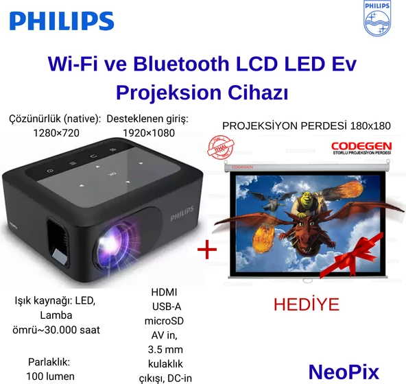 Philips Neopix 110 Wi-Fi ve Bluetooth LCD LED Projeksion Cihazı + Projeksiyon Perdesi  ile Beraber ürün görseli 1