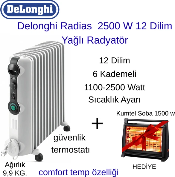 Delonghi Radias Trrs 1225C 2500 W 12 Dilim Yağlı Radyatör + Kumtel Soba Hediye ürün görseli 1