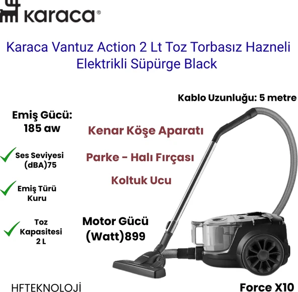 Karaca Vantuz Action Force 2 Lt Toz Torbasız Hazneli Action Force Elektrikli Süpürge Black 899 W + Dijital Mutfak Tartısı Hediye ürün görseli 1