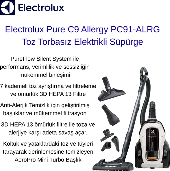 Electrolux Pure C9 Allergy 7 Kademeli Filtrasyon, Ömür Boyu Kullanımlı Filtre PC91-ALRG Toz Torbasız Elektrikli Süpürge ürün görseli 1