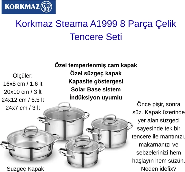 Korkmaz Steama A1999 8 Parça Çelik Tencere Seti + Korkmaz Ornella 26X5 cm Tava  Hediye ürün görseli 1