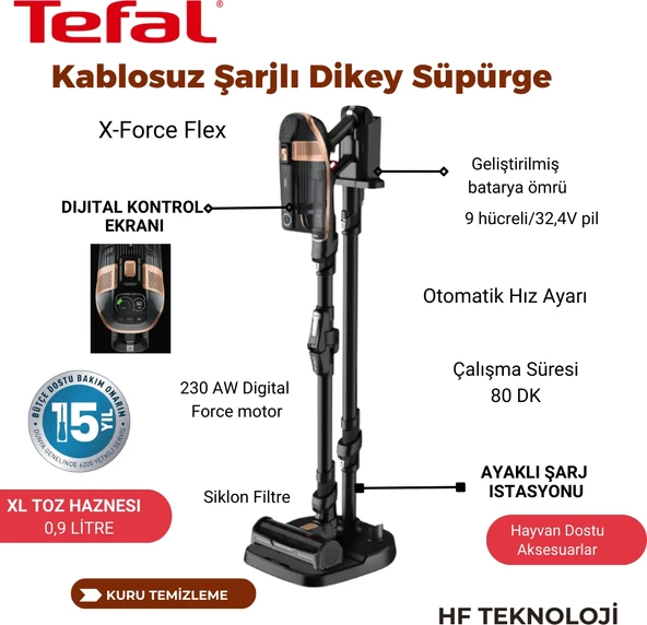 Tefal TY99F1 X-Force Flex 15.60 Animal Kablosuz Dikey Şarjlı Süpürger + Dijital Mutfak Tartısı Hediye ürün görseli 1