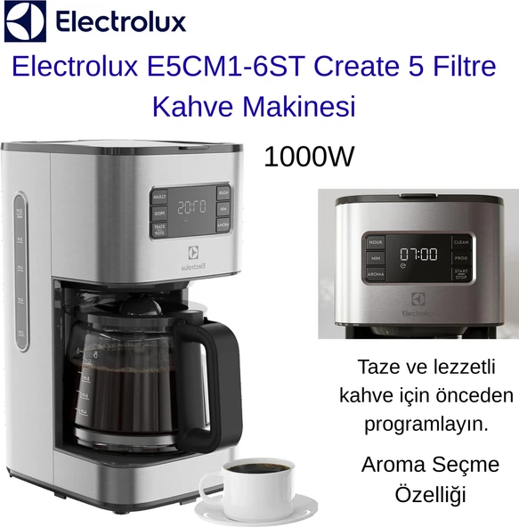 Electrolux Zaman Ayarlı Demleme, Aroma Seçme, Otomatik KAPANMA,1000W,CREATE 5 Filtre Kahve Makinesi ürün görseli 1