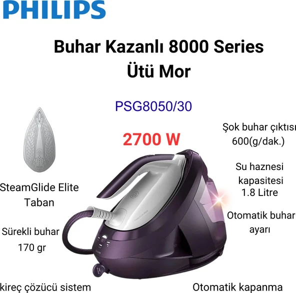 Philips Phılıps 2700 Watt 600 gr Şok Buharlı , Otomatik Kapanan  Buhar Kazanlı Ütü Mor (PSG805030) ürün görseli 1