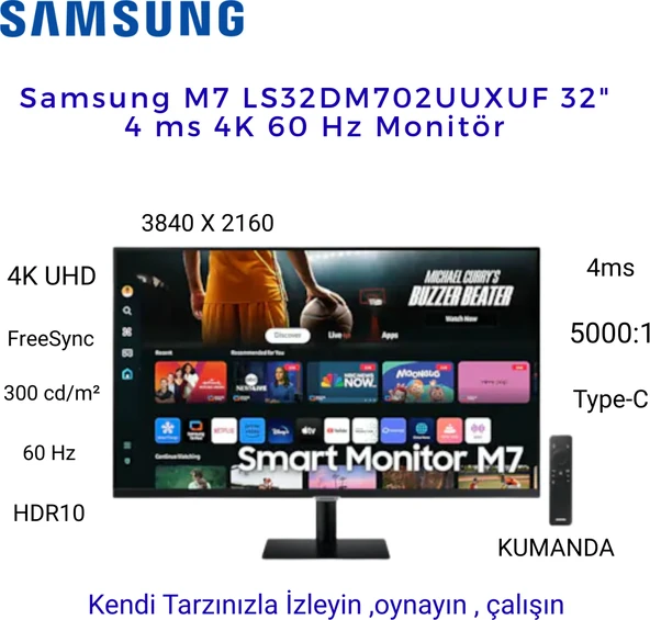 Samsung 4 K  Full UHD 32" 4 Ms 60 Hz 4K HDR10  Uzaktan Kumandalı Smart Siyah Monitör ürün görseli 1