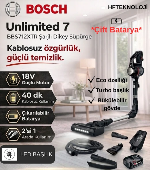 Bosch 2 Adet Bataryalı BBS712XTR Şarjlı Süpürge Unlimited 7, Siyah Toz Haznesi Var ve Güçlü Emiş Teknolojisi ürün görseli 1