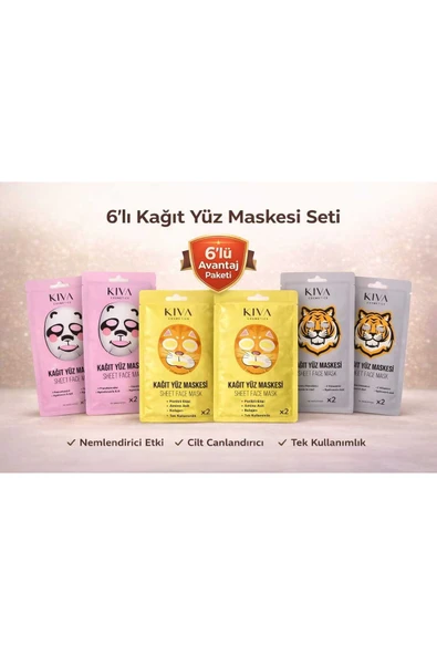 6’lı Kağıt Yüz Maskesi Seti Panda Kaplan Kedi Sheet Face Mask Cilt Bakım Maskesi ürün görseli 1