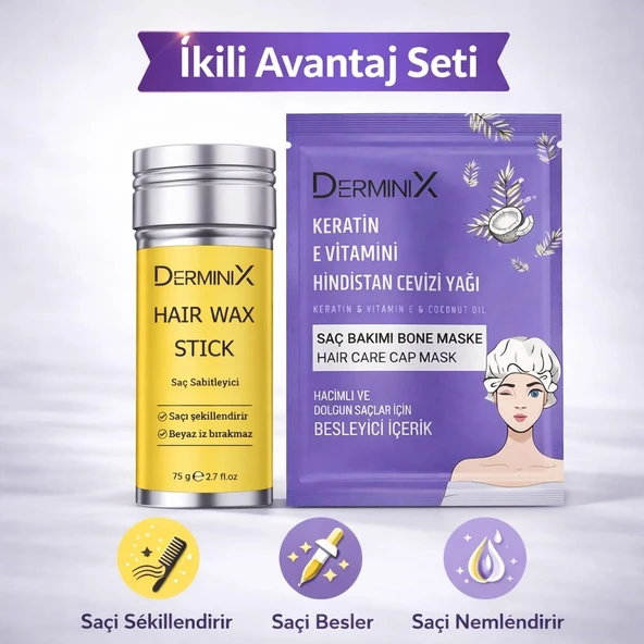 İkili Saç Bakım Seti – Hair Wax Stick Saç Şekillendirici + Keratin, E Vitamini & Hindistan Cevizi Yağlı Bone Maske | Besleyici & Nemlendirici ürün görseli 1
