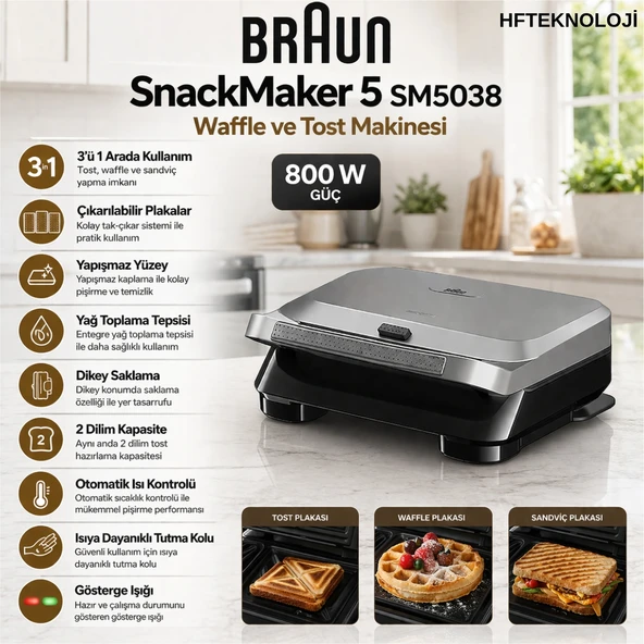 Braun Snack Maker 5 Sandviç, Waffle ve Tost Makinesi Silver ürün görseli 1