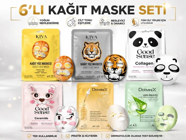 6’lı Kağıt Yüz Maskesi Seti – Kolajen, Laktik Asit, Aloe Vera, Ceramide İçeren Yoğun Nemlendirici, Leke Karşıtı, Cilt Tonu Eşitleyici Sheet Mask Seti ürün görseli 1