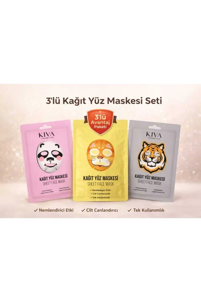 3’lü Kağıt Yüz Maskesi Seti Panda Kaplan Kedi Sheet Face Mask Cilt Bakım Maskesi ürün görseli 1