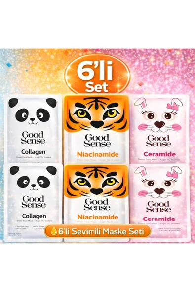 Hayvan Serisi 6’lı Kağıt Yüz Maskesi Seti Panda Kolajen Tiger Niacinamide Rabbit Ceramide Bakım ürün görseli 1