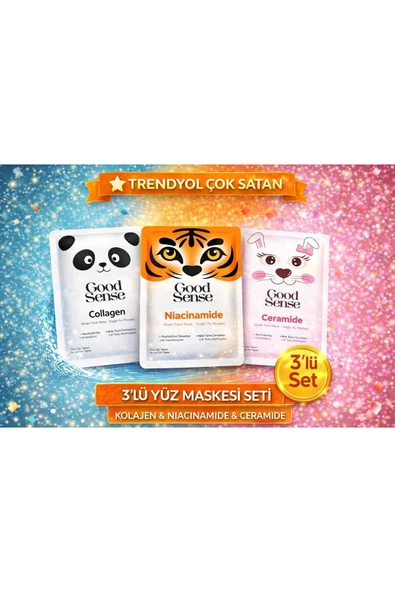 3’lü Hayvan Serisi Kağıt Yüz Maskesi Seti Panda Kolajen-Tiger Niacinamide-Rabbit Ceramide Bakım ürün görseli 1