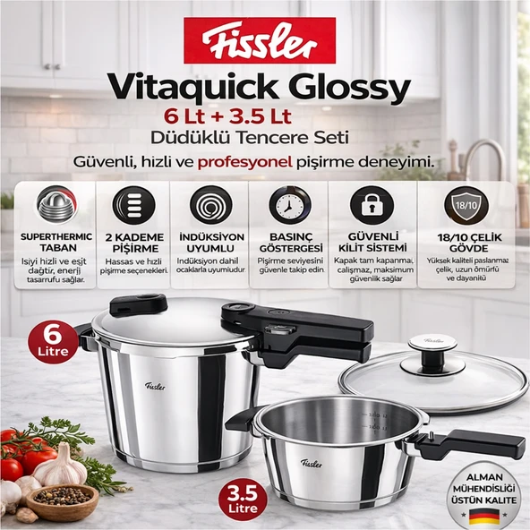 Fissler Vitaquick Glossy 6 Lt + 3.5 Lt Düdüklü Tencere + Dijital Mutfak Tartısı Hediye ürün görseli 1