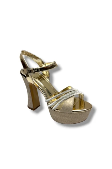 Defne 798-26 Simli Saten Çapraz Taşlı 30mm Platform Topuk Kadın Sandalet(12cm) ürün görseli 1