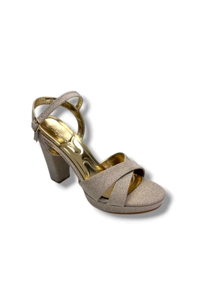 Erbay 308-26 Simli Saten Çapraz Bant Kalın Topuk Kadın Sandalet(11cm) ürün görseli 1