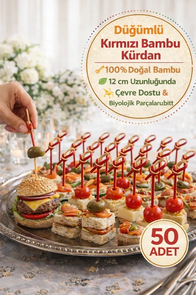 50’li Paket I 12 cm Düğümlü Kırmızı Bambu Kürdan Kokteyl Kürdan Sunum Çubuğu Aperatif Kürdan ürün görseli 1