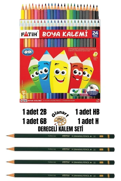 dereceli resim kalemi seti(2b,6b,h,hb) + 24 renk kuru boya seti ürün görseli 1