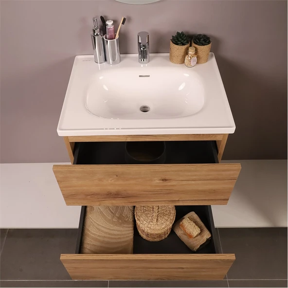 Kobos Simple 60 cm Çekmeceli Banyo Dolabı Seti Light Walnut - Resim 6