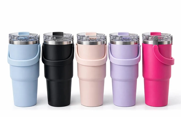 Renkli 900 ml Taşıma Kulplu Paslanmaz Çelik Termos Mug Bardak ürün görseli 1