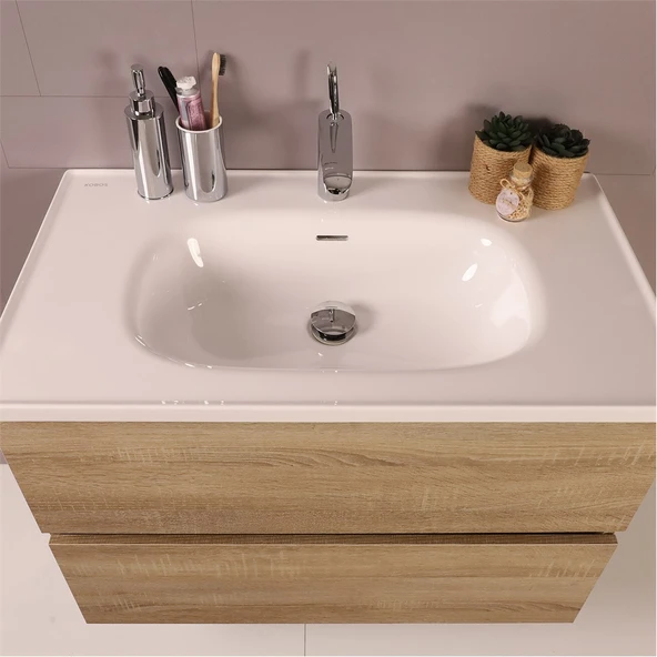 Kobos Simple 80 cm Çekmeceli Banyo Dolabı Seti Light Walnut - Resim 5