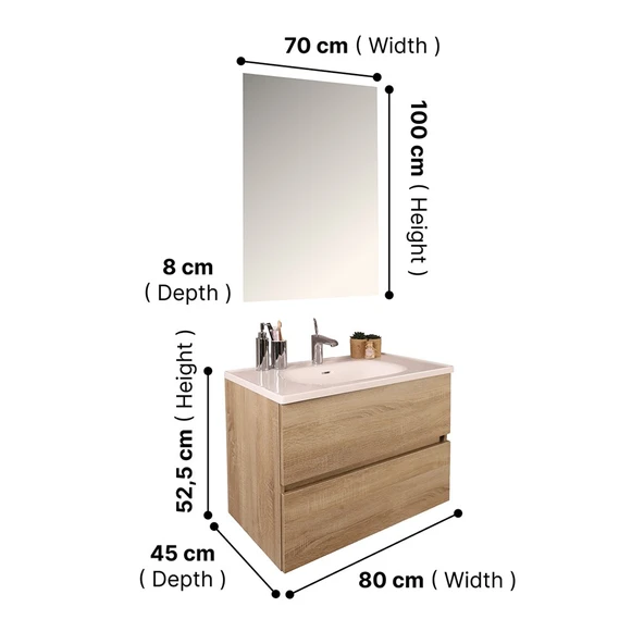 Kobos Simple 80 cm Çekmeceli Banyo Dolabı Seti Light Walnut - Resim 8