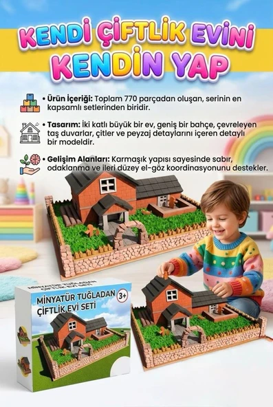 770 Parçalı Minyatür Tuğlalı Gerçekci Çiftlik Evi Tasarımlı Eğitici Oyuncak Yapı Seti ürün görseli 1