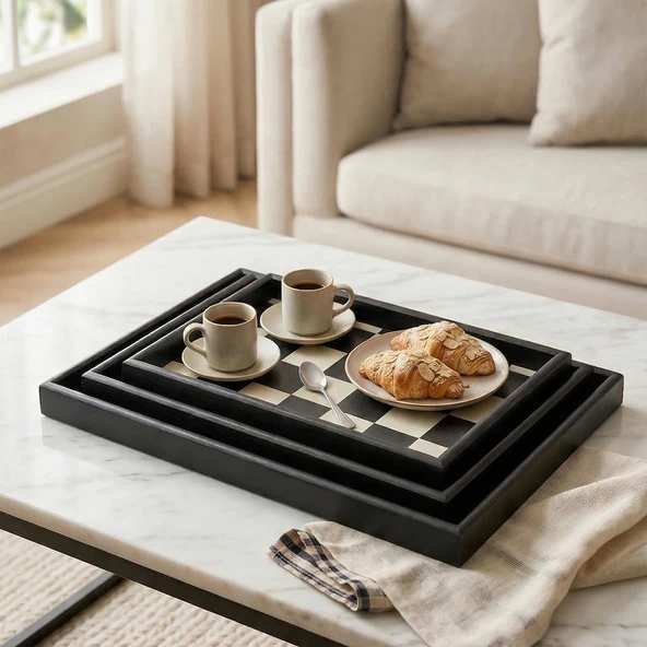 Porsima 1301050047 Ahşap Tepsi 3lü Set Çay Kahve Bambu Sunumu Dama Desenli Tepsi Seti ürün görseli 1