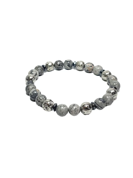 JTSS26BLK1831 JASPER GÜMÜŞ KAPLAMA LAV HEMATİT DOĞALTAŞ GRİ 8 MM GARANTİLİ ESNEK JANTİ BİLEKLİK ürün görseli 1