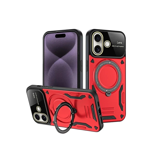 Apple İphone 16 Kılıf Joy Lens Standlı Kapak - Kırmızı ürün görseli 1