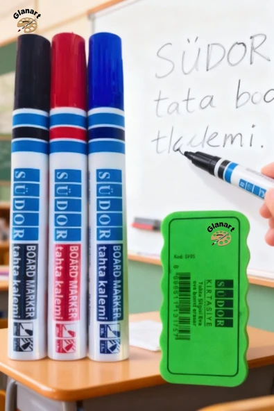 3 renk tahta kalemi ve mıknatıslı  tahta silgisi bordmarker 1 set südor ürün görseli 1