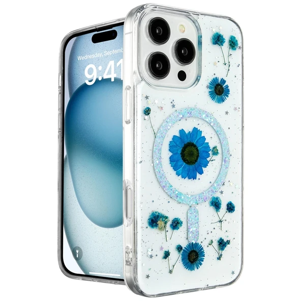 Apple İphone 16 Pro Max Kılıf Daisy Simli Magsafe Kapak - Mavi ürün görseli 1