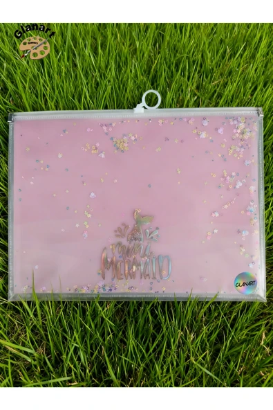 sunum proje dosyası klips fermuarlı a4 boy ödev dosyası simli pullu açık pembe(32,5x24,5 cm) 1 adet ürün görseli 1