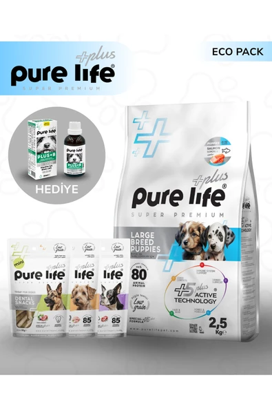 Pure Life Plus Büyük Irk Yavru Somonlu Köpek Maması 2,5 Kg + Ödül + Biotin Damla Eko Paket ürün görseli 1